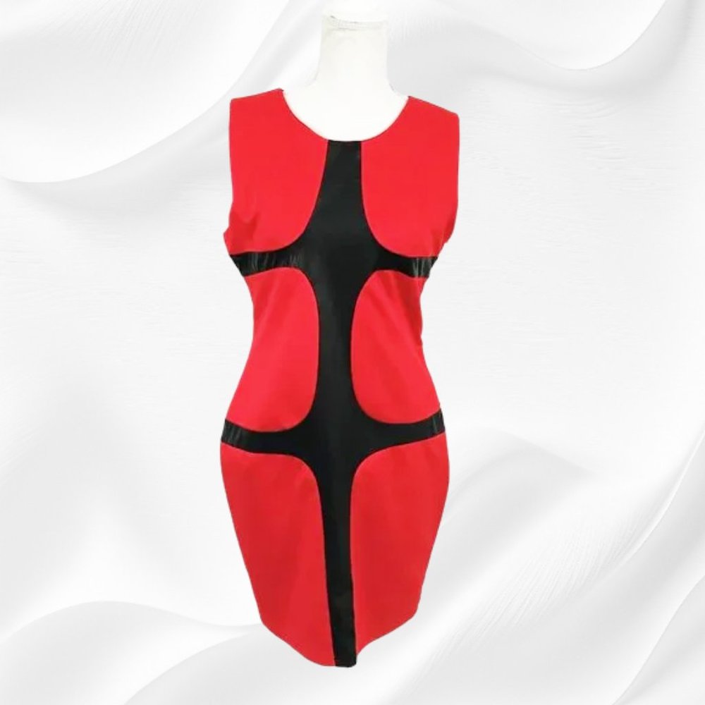 Faux Leather Bandage Dress Sleeveless Red Black Women L, Gracia - Picture 3 of 9